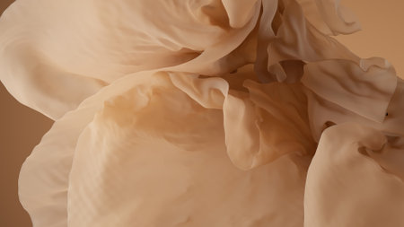 3d render, abstract vintage background with floating beige veil, falling drapery, crumpled delicate textile cloth, wavy fashion wallpaper with fabric macroの写真素材