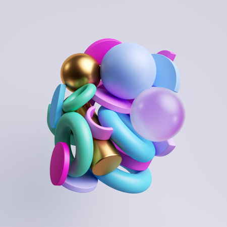 3d render, abstract pile made of colorful primitive geometric shapes joined together, isolated on white background. Pink blue gold elements, plastic toysの写真素材