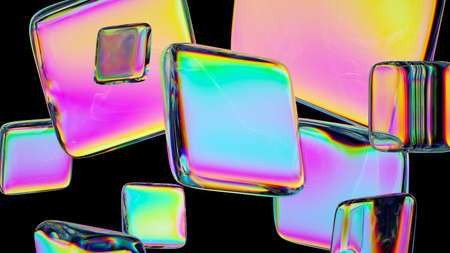 3d render, abstract colorful glass tiles with iridescent spectrum coating, isolated on black backgroundの写真素材
