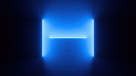 3d render, abstract minimal blue background with glowing neon lines. Dark wall illuminated with led lamps. Futuristic wallpaperの写真素材