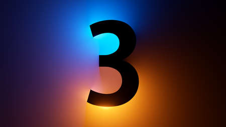 3d render, number three silhouette, digital math symbol, illuminated with yellow blue gradient neon lightの写真素材