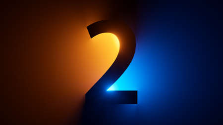 3d render, number two silhouette, digital math symbol, illuminated with yellow blue gradient neon lightの写真素材