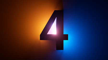 3d render, number four silhouette, digital math symbol, illuminated with yellow blue gradient neon...