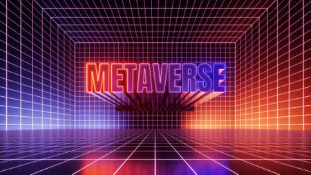 3d render, abstract futuristic background. Metaverse sign glowing with violet red neon light inside the empty virtual room, cyber spaceの写真素材