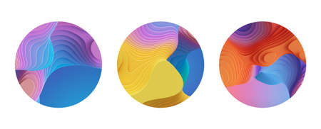 3d render, set of round stickers with colorful creative design. Circles isolated on white backgroundの写真素材