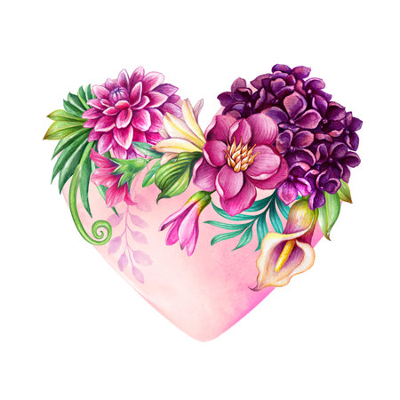 digital watercolor botanical illustration. heart shape. Tropical flowers, palm leaves, calla lily, hydrangea, gerber, peony. Floral arrangement, white background. Valentine day greeting card templateの写真素材