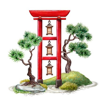 watercolor clip art. Traditional oriental lanterns with green grass and pine bonsai trees. Spiritual zen garden decor, isolated on white backgroundの写真素材