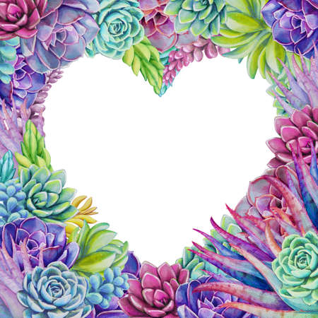 watercolor succulent plants, floral heart frame botanical illustration, Valentines day background, festive greeting card with blank copy spaceの写真素材