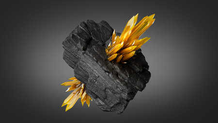 3d rendering, yellow crystal grows on black stone, coal, magical nugget esoteric object isolated on black backgroundの写真素材