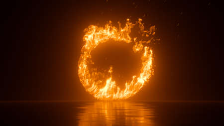 3d rendering, abstract black background with round frame on fire, blazing flame over black backgroundの写真素材