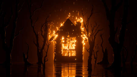 3d render, abstract black background with burning house and trees on fire. Force majeure concept. property accident insuranceの写真素材