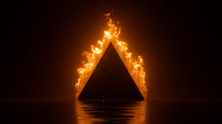 3d render, abstract background with black triangle frame on fire, blazing flameの写真素材