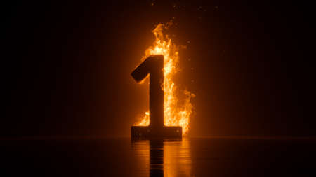 3d rendering, blazing number one, digit 1 on fire, over black backgroundの写真素材