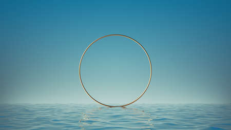 3d render, Surreal seascape with golden ring in the middle of the sea. Wallpaper with blue sky above the water. Modern minimal abstract background with blank round frameの写真素材