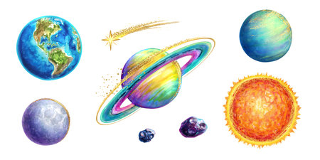 watercolor illustration, planetarium clip art, space elements collection. Set of solar system...
