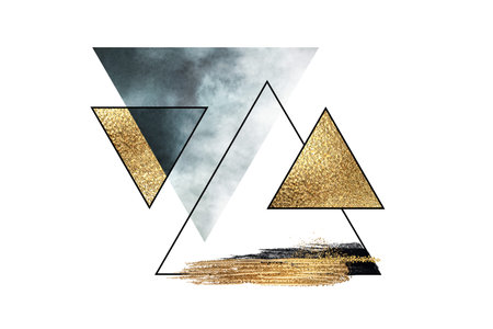 abstract geometric background with triangle shapes, creative brushstrokes, watercolor sky and golden...