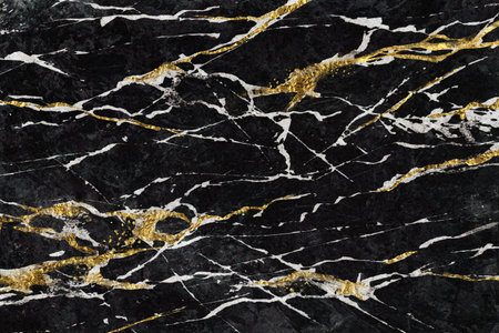 luxurious abstract background, black marble with white and golden veins, artificial stone texture