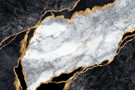 abstract background, black and white marble with golden veins, artificial stone texture, modern wallpaperの写真素材