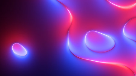 3d render, abstract neon background with wavy lines and shapes, blue red pink gradient. simple...