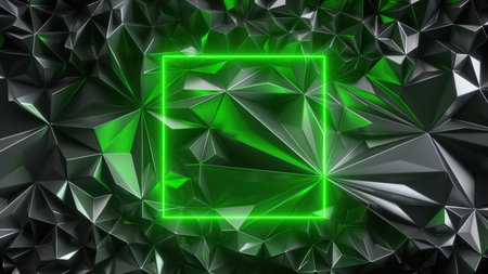 3d render, abstract geometric background with metallic faceted texture and green neon frame, modern...