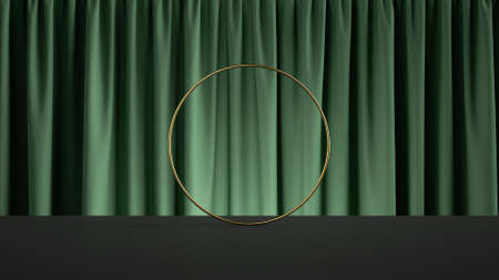 3d rendering, abstract background with golden round frame in front of the green velvet curtain. Stage concept. Minimalist showcase scene for product presentationの写真素材