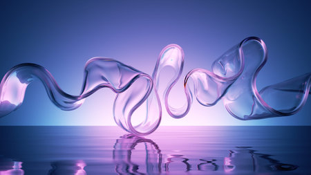 abstract 3d rendering, ultraviolet background with clear transparent glass ribbon levitating above...