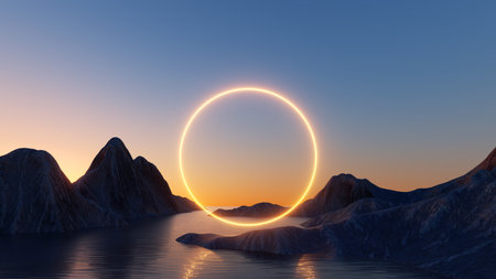 3d render. Abstract wallpaper with sunset or sunrise and round geometric shape. Mystic landscape...