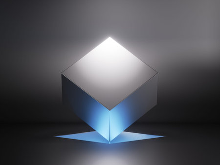 3d render, abstract geometric background with levitating metal cube illuminated with blue neon lightの写真素材