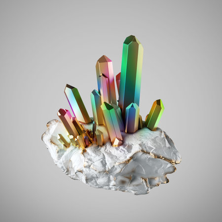 3d rendering, colorful iridescent and gold crystals growing on white rock, chalk stone, magical...