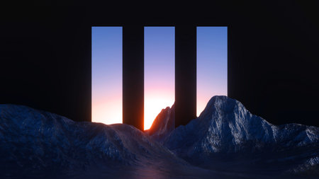 3d rendering, abstract modern minimal panoramic background with geometric mirrors and landscape with...
