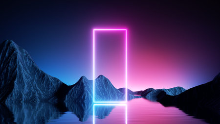 3d render. Aesthetic minimalist wallpaper. Fantastic landscape with rocky mountains, calm water, pink blue evening sky and glowing neon rectangular geometric frame. Abstract futuristic backgroundの写真素材