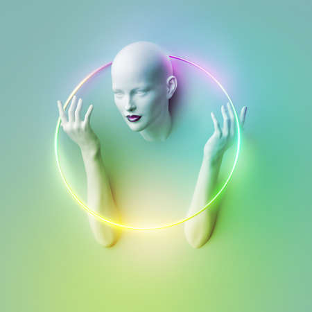 3d render, futuristic mannequin bald head and hands inside the glowing neon round frame, isolated on mint green background. Product showcase for jewelry or cosmetics presentation. Fashion portraitの写真素材