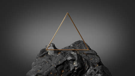 3d render, abstract black geometric background with golden triangle frame on the top of the rock, showcase scene for product presentationの写真素材