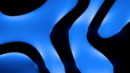 3d render, abstract blue and black background. Minimal wallpaper with wavy lines and curvy shapesの写真素材