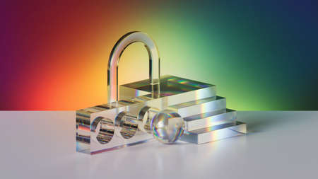 3d render, abstract colorful background with geometric glass shapes illuminated with red light. Modern minimal showcase for product presentationの写真素材