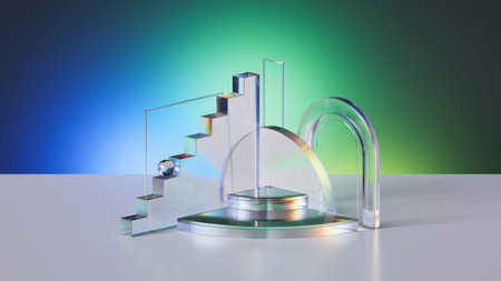 3d render, abstract geometric background with clear glass shapes illuminated with blue green light. Modern minimal showcase for product presentationの写真素材