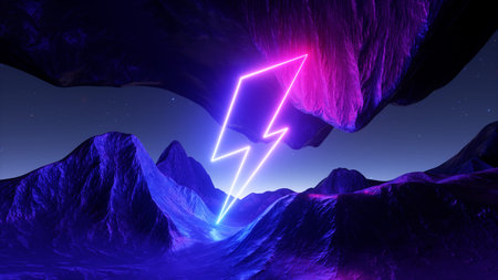 3d render. Abstract neon background. Fantastic landscape with glowing lightning symbol and rocky...