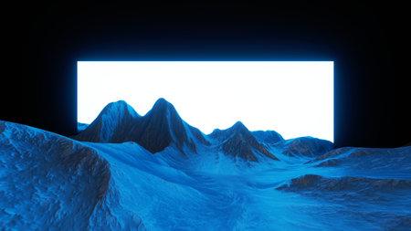 3d render, abstract virtual landscape with blue rocks and mountains. Fantastic background