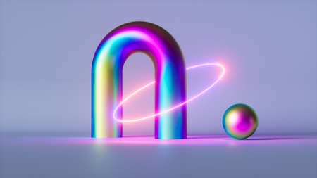 3d render, abstract background with colorful geometric shapes, iridescent holographic metallic objects with pink neon ring, round arch and ballの写真素材