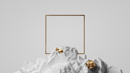 3d rendering, abstract geometric background with golden square frame integrated into chalk rock stone, aesthetic minimalist wallpaperの写真素材