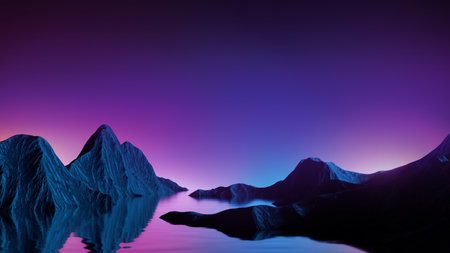 3d rendering, abstract panoramic background. Terrain landscape with water and rocky mountains under the violet night sky, fantasy wallpaper with seascapeの写真素材