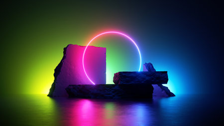 3d rendering, abstract background with colorful neon light. Stones, glowing ring and podium for product presentationの写真素材