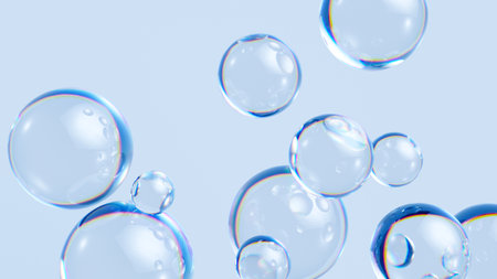 3d render, abstract background with translucent soap bubbles, wallpaper with glass ballsの写真素材