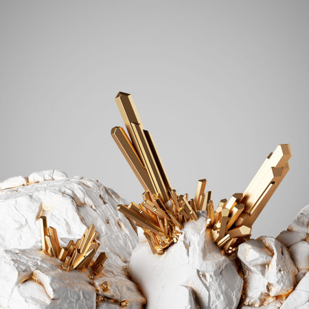 3d render, abstract background with white chalk rock stones and golden crystals. Aesthetic minimalist wallpaperの写真素材