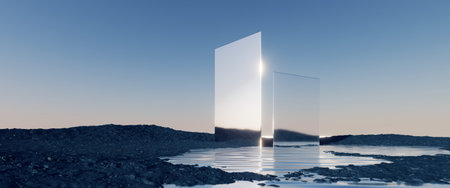 3d rendering, abstract minimalist background, futuristic zen scenery, panoramic seascape wallpaper....