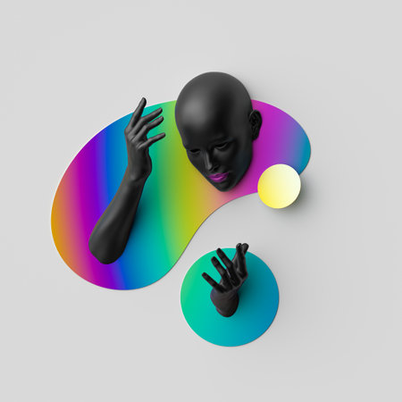 3d render, abstract geometric collage with black female mannequin. Bald head, hands and abstract gradient shapesの写真素材