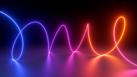 3d render, abstract background of colorful neon spring, glowing line with loops, red pink blue violet gradient, modern ultraviolet wallpaperの写真素材