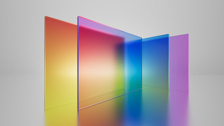 3d render, abstract geometric background, colorful glass square shapes, simple flat pieces and translucent layersの写真素材