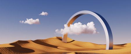 3d render, panoramic desert landscape, sand dunes metallic arch and white clouds, sunny day backgroundの写真素材