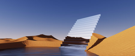 3d render. Abstract surreal background. Desert landscape with sand dunes and mirror stairs under the clear blue sky. Panoramic fantastic wallpaperの写真素材